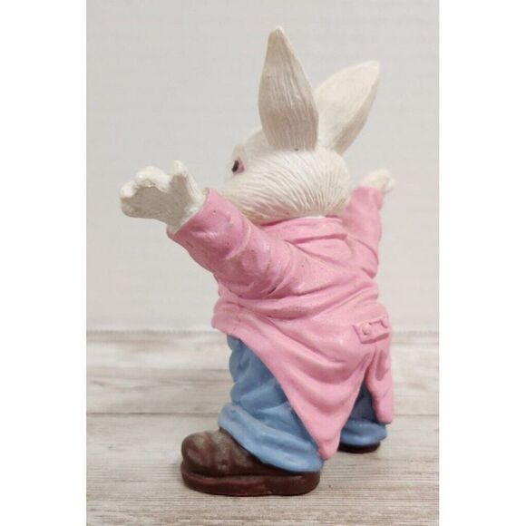Vintage Easter Bunny Figurine Rabbit Statue 4" Pink Jacket Blue Pants Brown Shoe - Picture 6 of 11